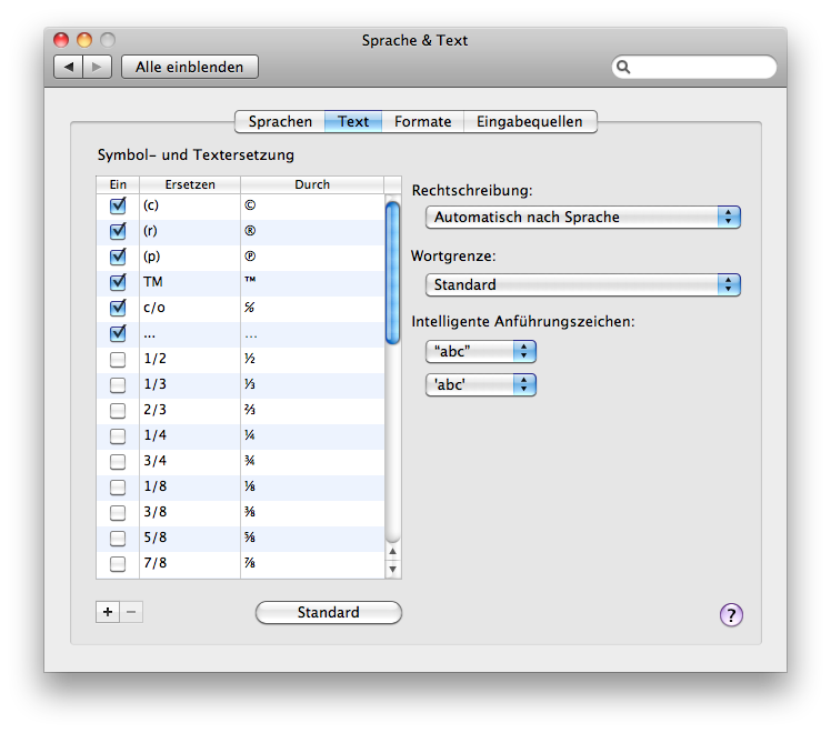 Symbol- und Textersetzung im Mac OS 10.6