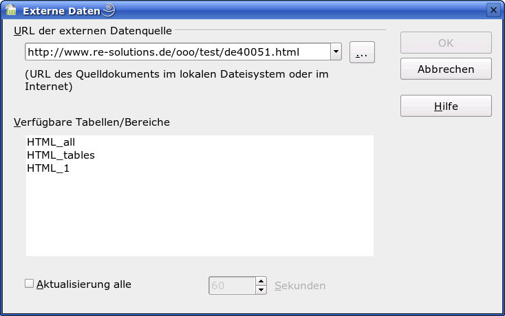 Screenshot &quot;Verknüpfung zu externen Daten&quot;, HTML-Dokument mit Tabelle