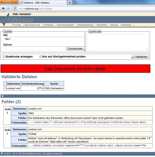 Fehleroutput Validome