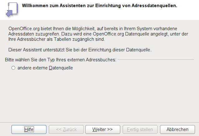 die Auswahlmöglichkeiten, die der Assistent bietet.