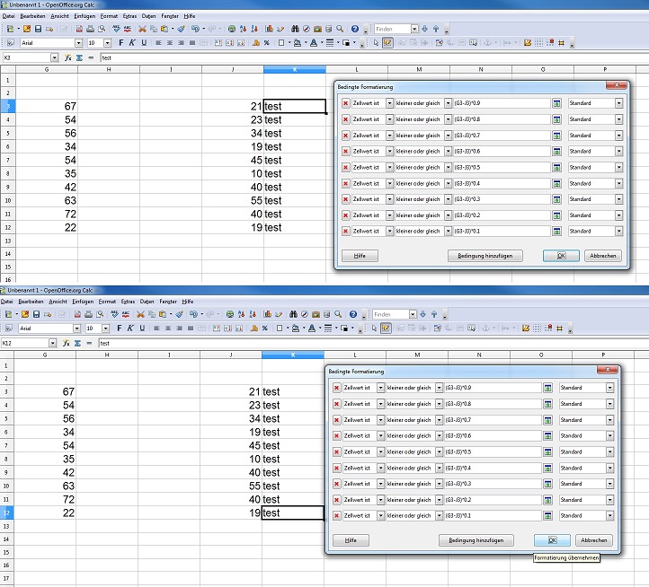 oben: die geltenden Bedingungen für die markierte Zelle (normal eingetippt)<br />unten: die per Drag&amp;Drop von K3 nach K12 erweiterten Bedingungen