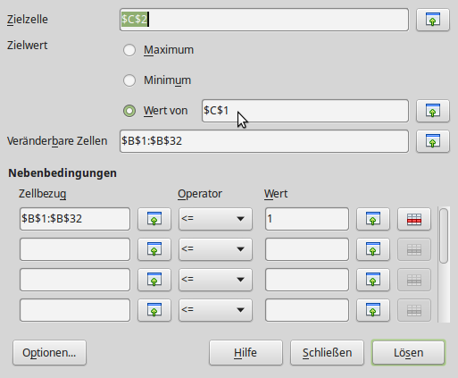 Screenshot mit den Einstellungen